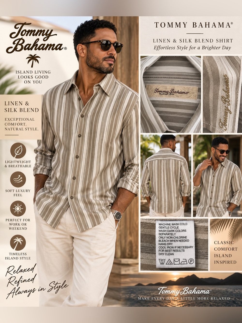 Tommy Bahama Men's Linen-Silk Blend Striped Button-Up Shirt - Beige/White size S